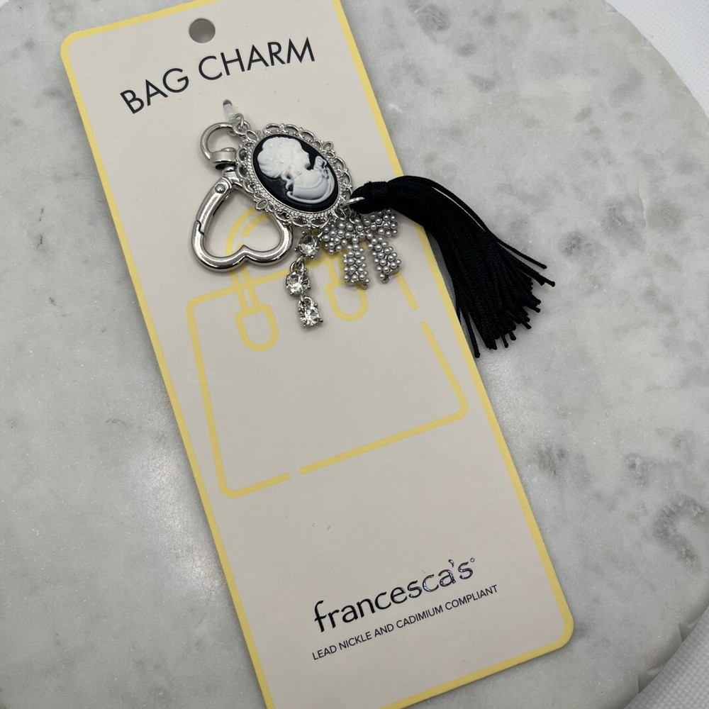 Black Cameo Bag Charm Keychain Francesca's Faux Pearl Bow Tassel Dark Academia